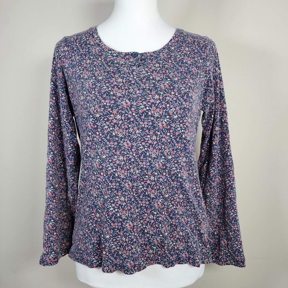 LL Bean Pima Cotton Tee Long Sleeve Crewneck Floral Print Shirt Womens Small Top
